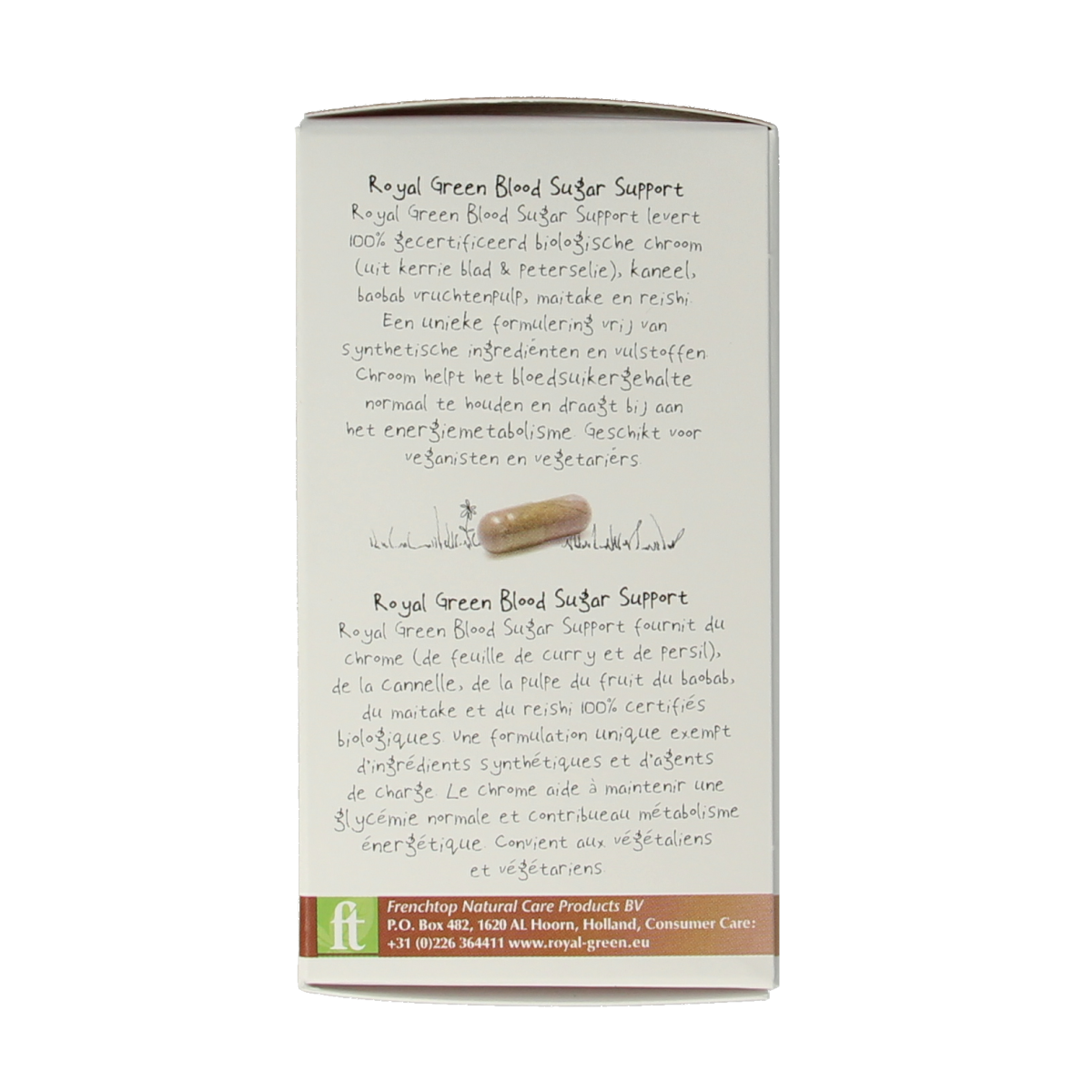Royal Green Blood Sugar Support bio vegetarian capsules in a bottle, herbal supplement for blood sugar management.