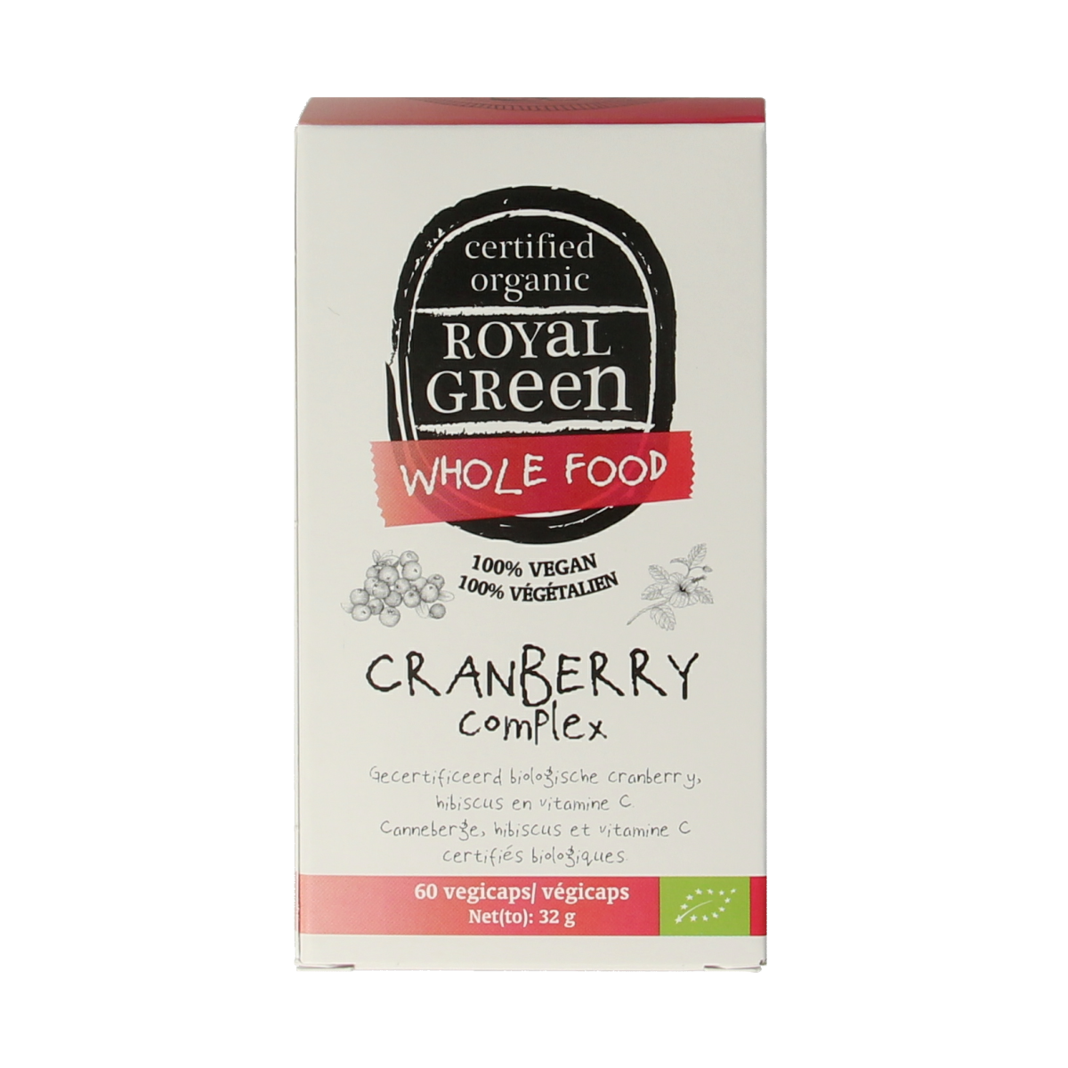 Royal Green Cranberry Complex bio vegetarian capsules in a bottle, showing the supplement packaging and capsules inside.