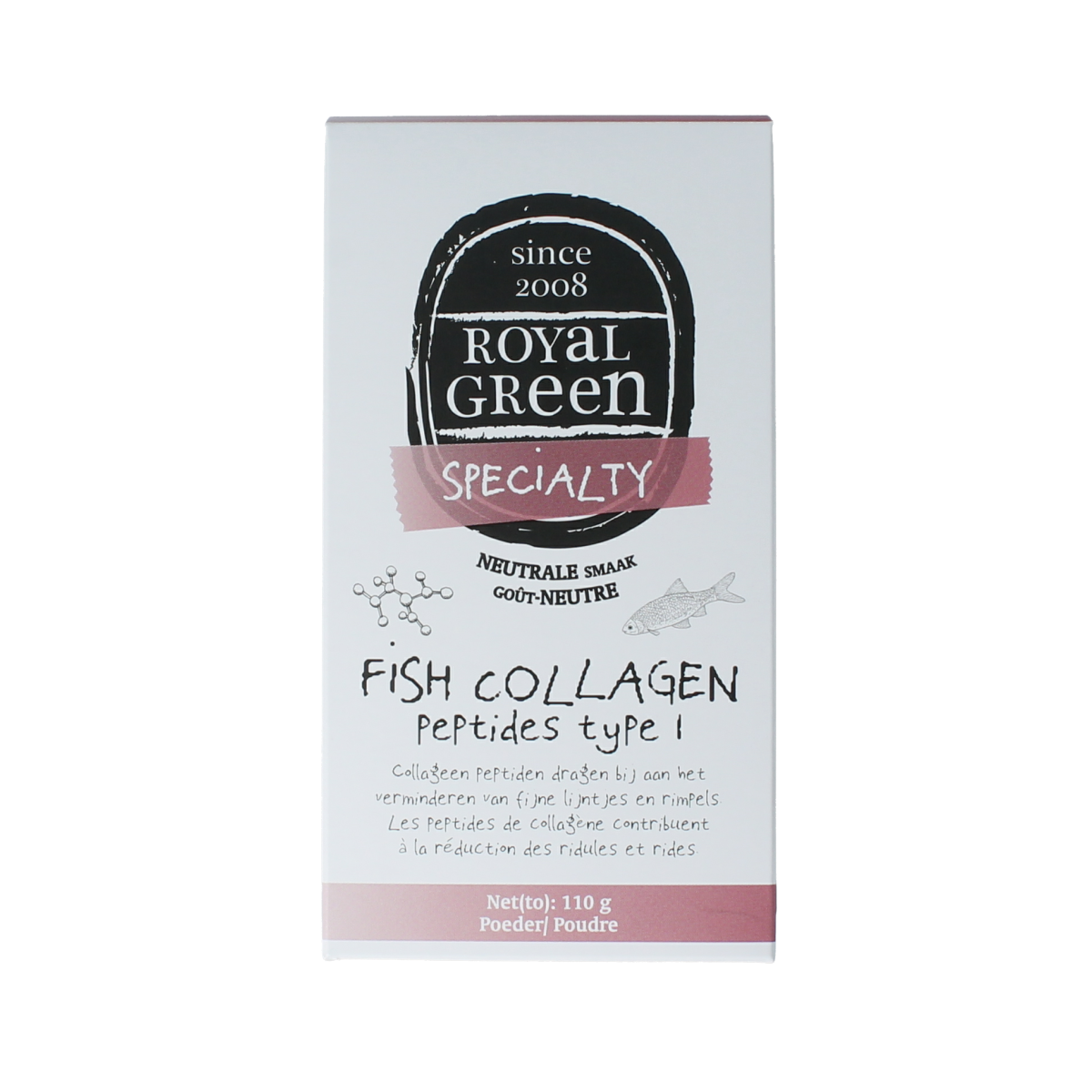Royal Green Fish Collagen Peptides Vetzuren supplement in 110g jar, featuring a close-up of the product container and label.