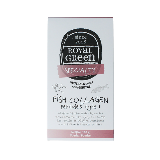 Royal Green Fish Collagen Peptides Vetzuren supplement in 110g jar, featuring a close-up of the product container and label.
