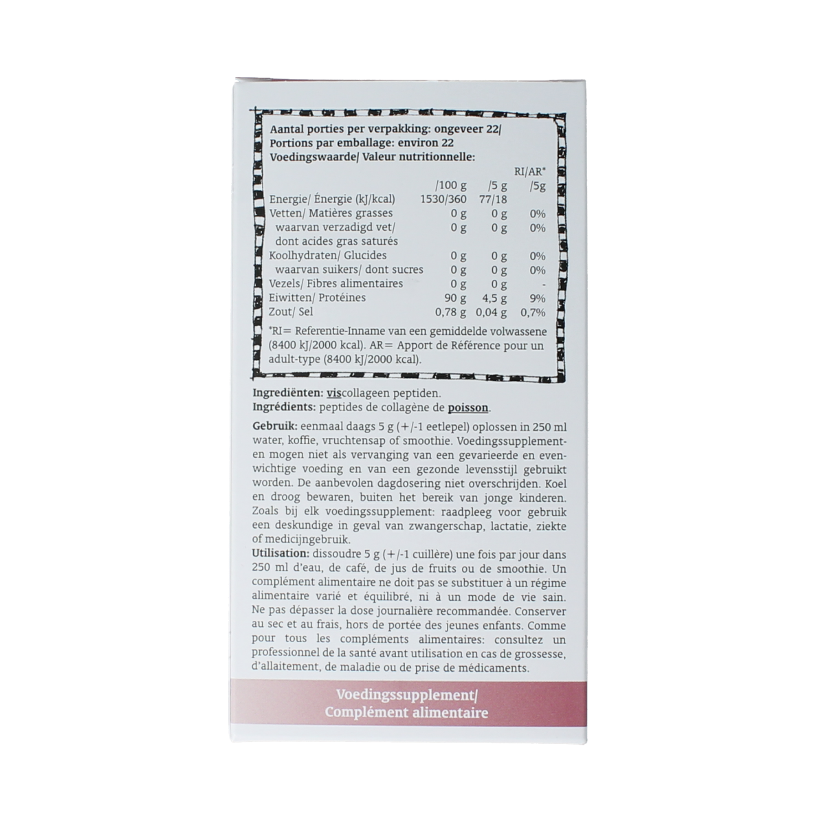 Royal Green Fish Collagen Peptides Vetzuren supplement in 110g container, featuring clear label with product details.