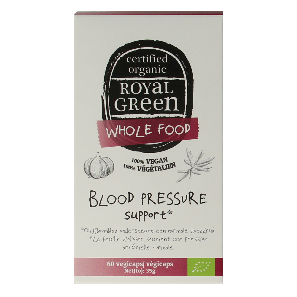 Royal Green Blood Pressure Support bio vegetarian capsules, herbal supplement in clear container with capsules inside.
