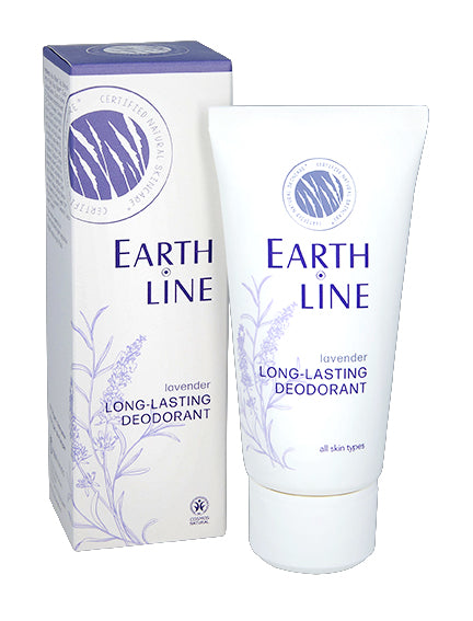 Earth Line lavender long-lasting deodorant in 50ml bottle, featuring a sleek container with lavender scent and branding.