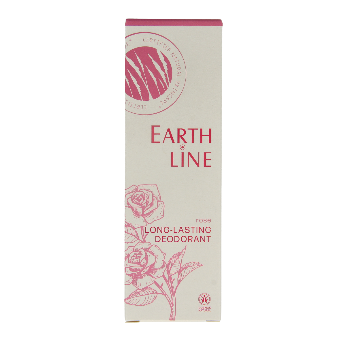 Earth Line long-lasting rose deodorant in 50ml bottle, natural deodorant with floral rose scent, eco-friendly personal care product.