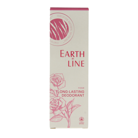 Earth Line long-lasting rose deodorant in 50ml bottle, natural deodorant with floral rose scent, eco-friendly personal care product.