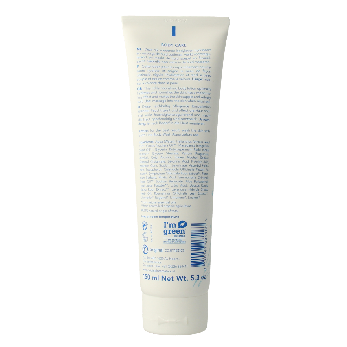 Earth Line Aqua Bodylotion 150ml, hydrating body moisturizer with a light, refreshing texture, displayed in a sleek bottle.