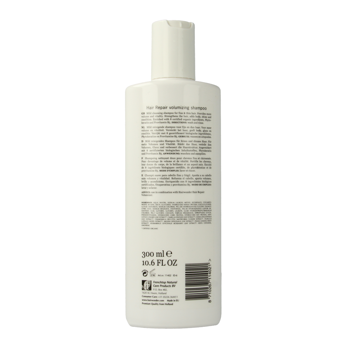 Hairwonder Hair Repair Shampoo with volume, 300ml, featuring a clear bottle and label showing the Hairwonder logo and product details.