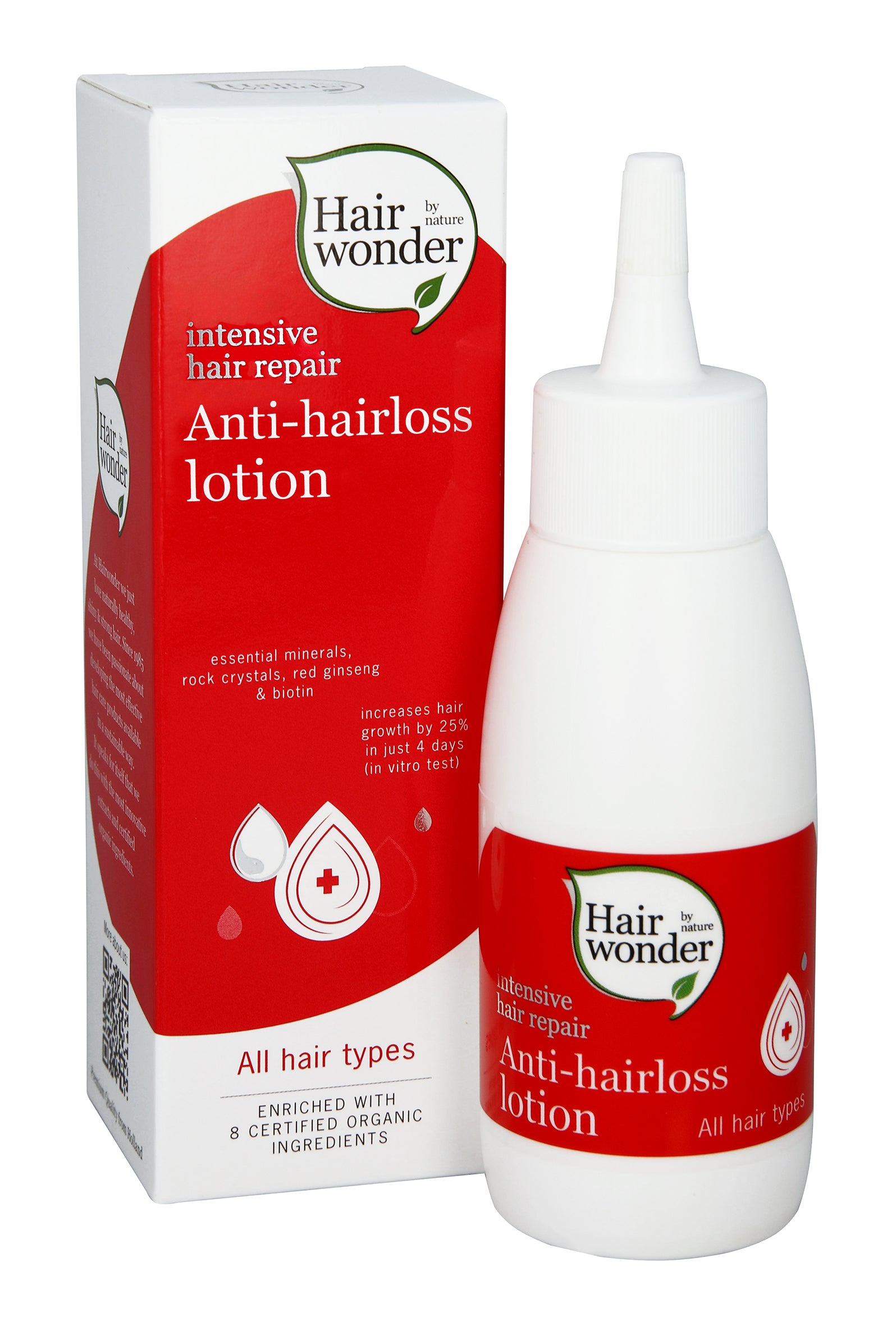 Hairwonder anti-hair loss lotion in a 75ml bottle, Haarverzorging product for hair thinning and scalp care.