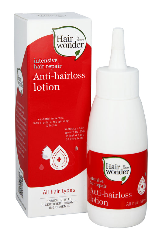 Hairwonder anti-hair loss lotion in a 75ml bottle, Haarverzorging product for hair thinning and scalp care.