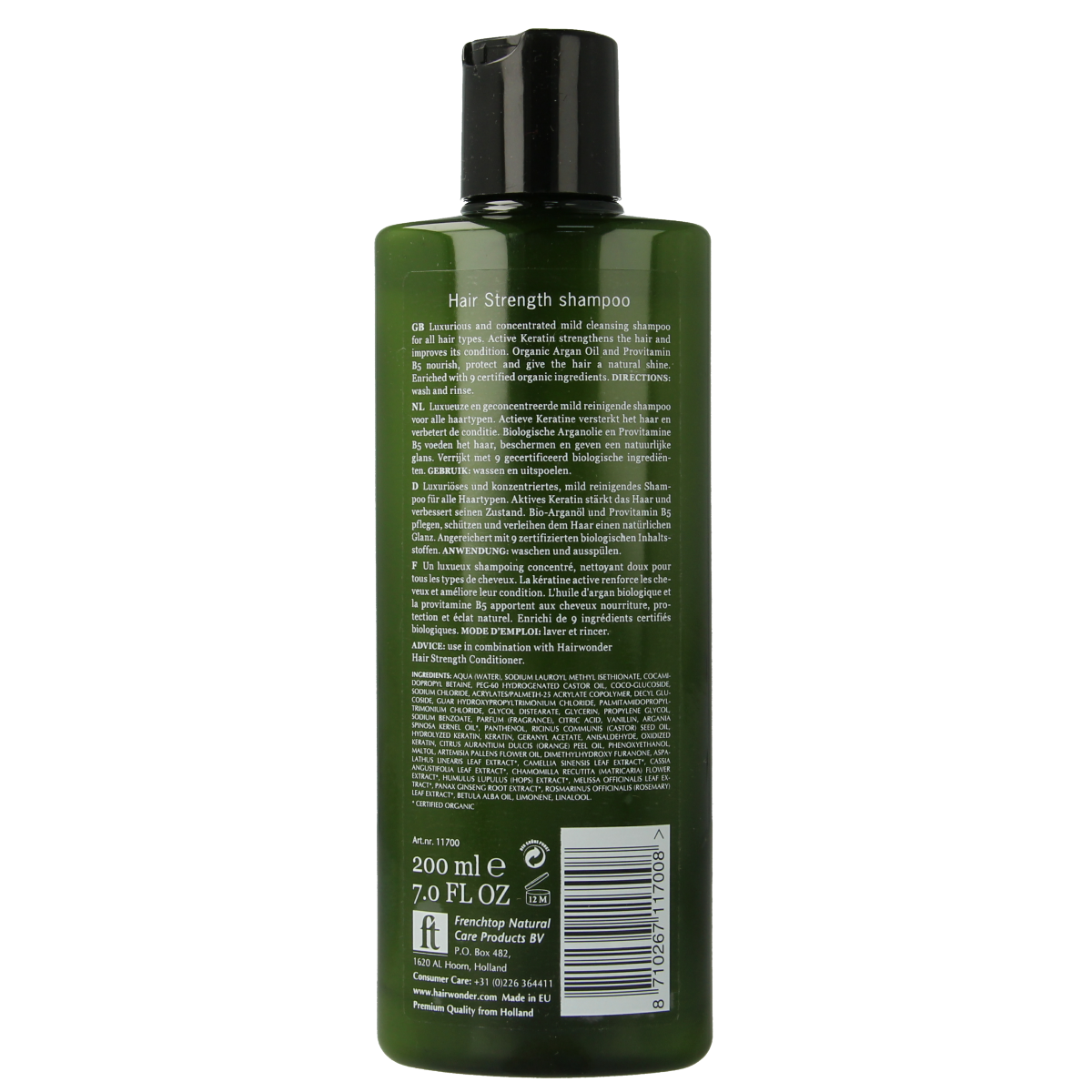 Hairwonder Hair Strength Shampoo 200ml bottle with label, designed for nourishing and strengthening hair care.