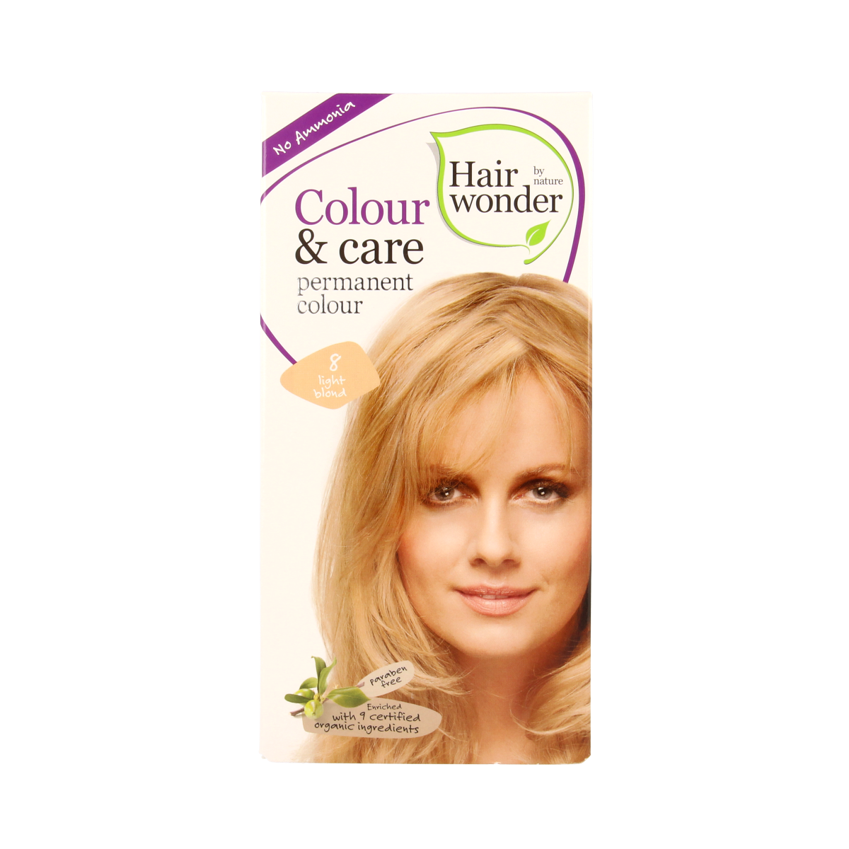 Hairwonder Colour & Care 8 Light Blonde hair dye, 100ml bottle, showing the product packaging with blonde hair samples.