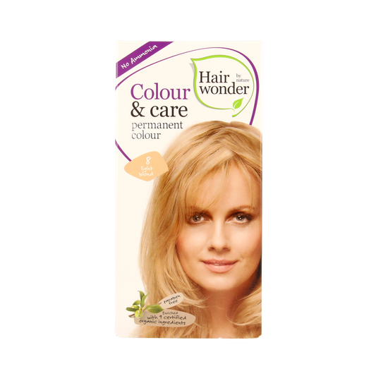 Hairwonder Colour & Care 8 Light Blonde hair dye, 100ml bottle, showing the product packaging with blonde hair samples.