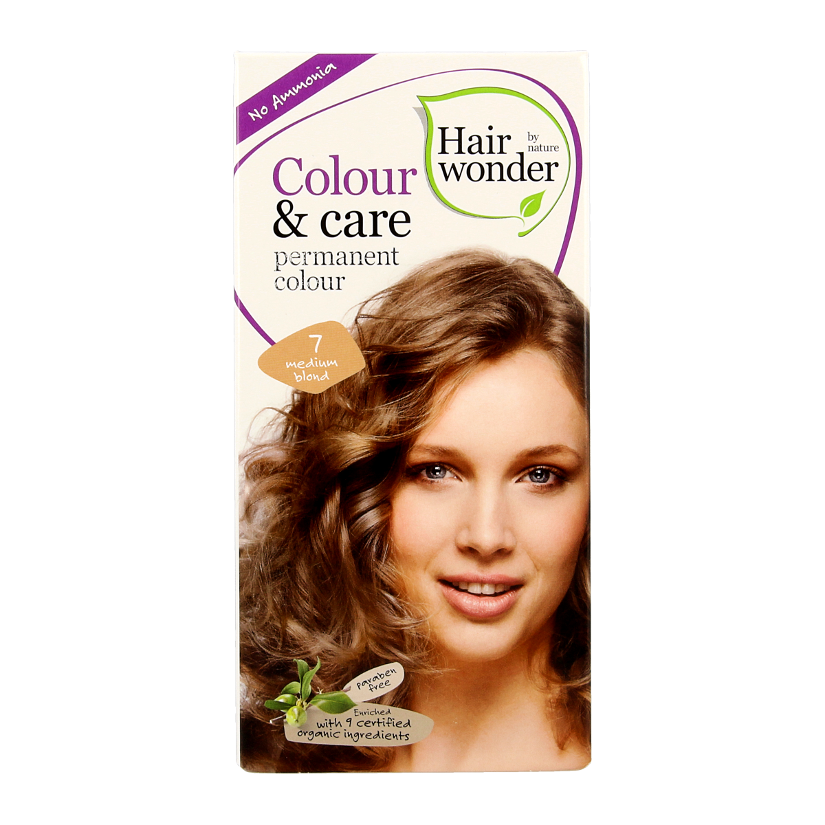 Hairwonder Colour & Care 7 medium blond hair coloring bottle, 100ml, showing the product and packaging.