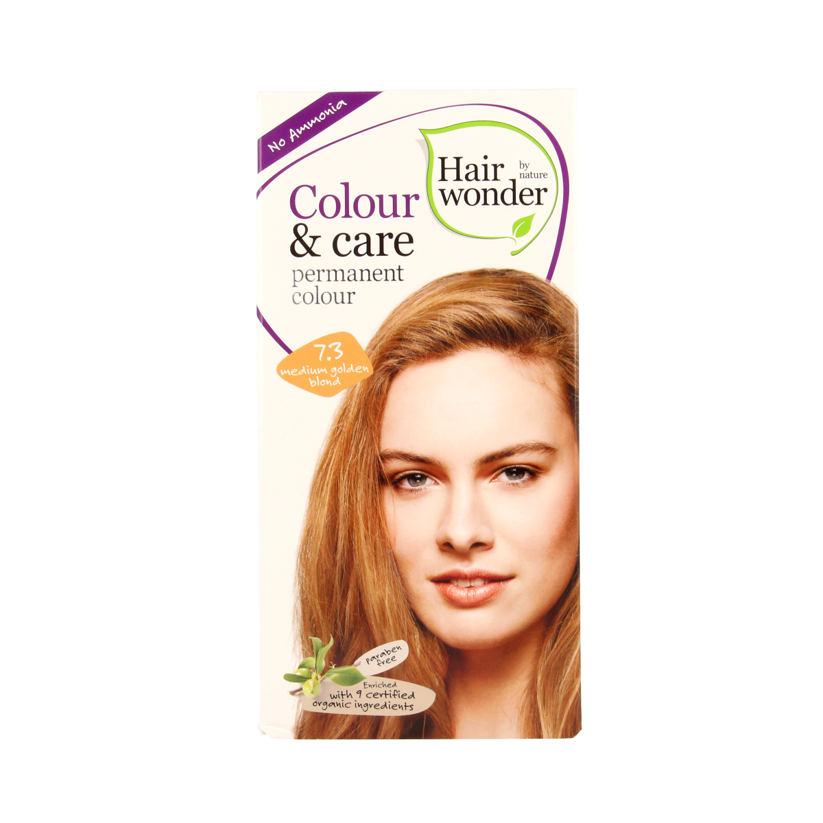 Hairwonder Colour & Care 7.3 medium gold blond hair dye in 100ml bottle, showing the product and packaging.