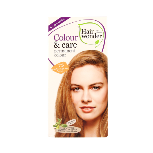 Hairwonder Colour & Care 7.3 medium gold blond hair dye in 100ml bottle, showing the product and packaging.
