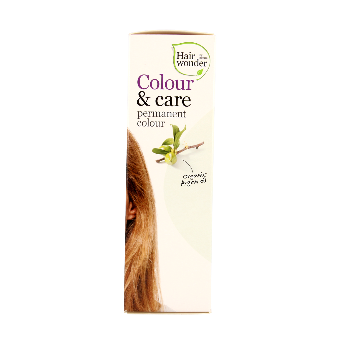 Hairwonder Colour & Care 7.3 medium gold blond hair dye bottle, 100ml, with golden blonde hair sample in the background.
