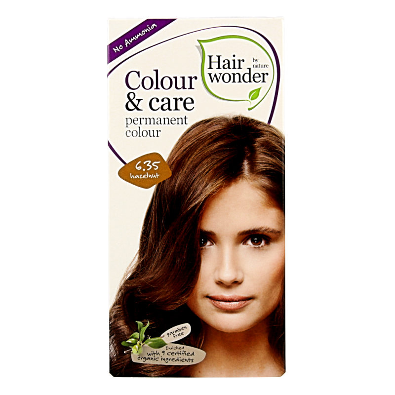 Hairwonder Colour & Care 6.35 hazelnut hair coloring cream in 100ml bottle, showing the product packaging and color.