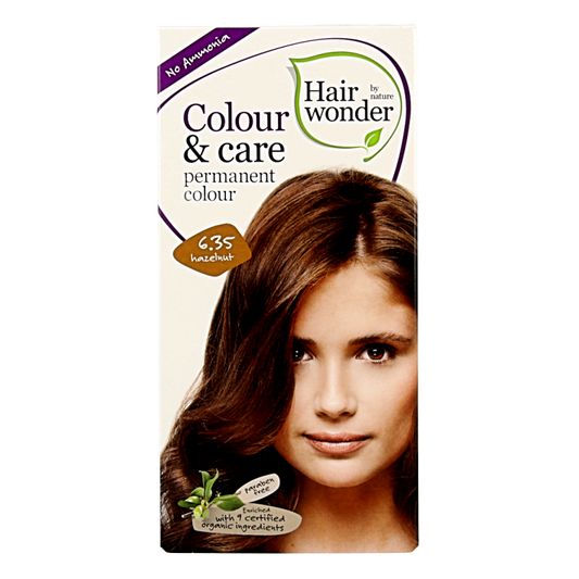 Hairwonder Colour & Care 6.35 hazelnut hair coloring cream in 100ml bottle, showing the product packaging and color.