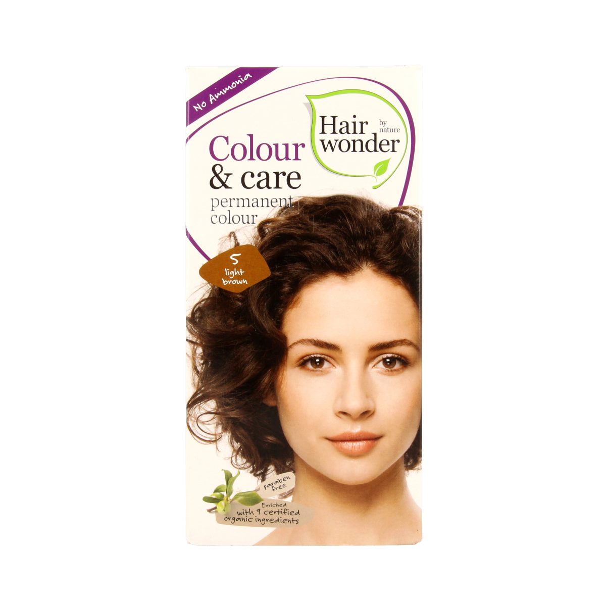 Hairwonder Colour & Care 5 light brown hair dye bottle, 100ml, with packaging showing product details and branding.