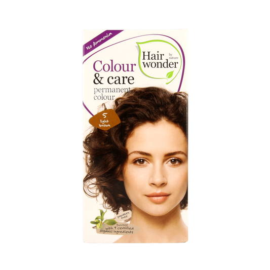 Hairwonder Colour & Care 5 light brown hair dye bottle, 100ml, with packaging showing product details and branding.