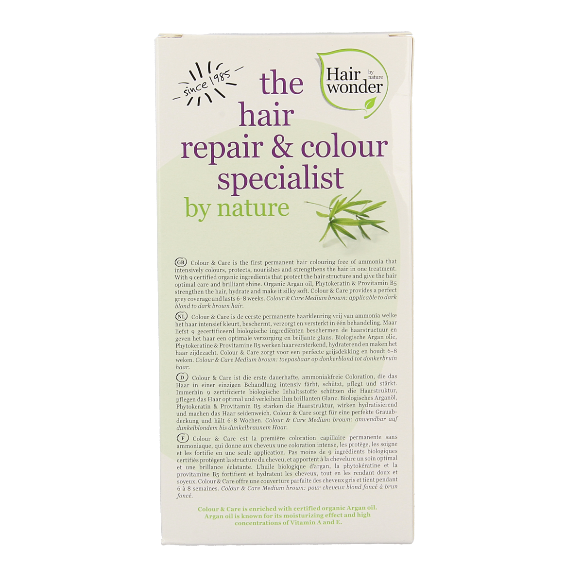 Hairwonder Colour & Care 4 medium brown hair dye bottle, 100ml for professional hair coloring and nourishing care.