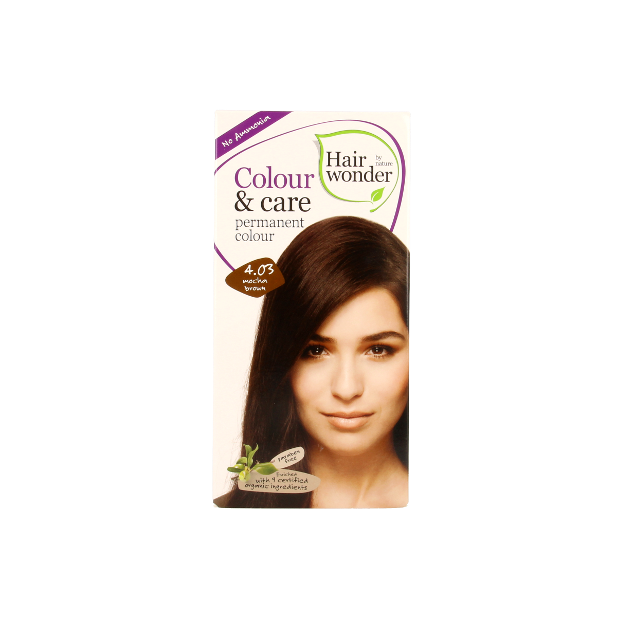 Hairwonder Colour & Care 4.03 Mocca Brown hair coloring cream in 100ml tube, showcasing the product packaging and color shade.