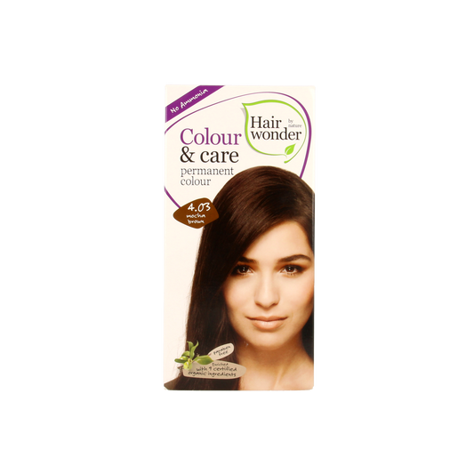 Hairwonder Colour & Care 4.03 Mocca Brown hair coloring cream in 100ml tube, showcasing the product packaging and color shade.