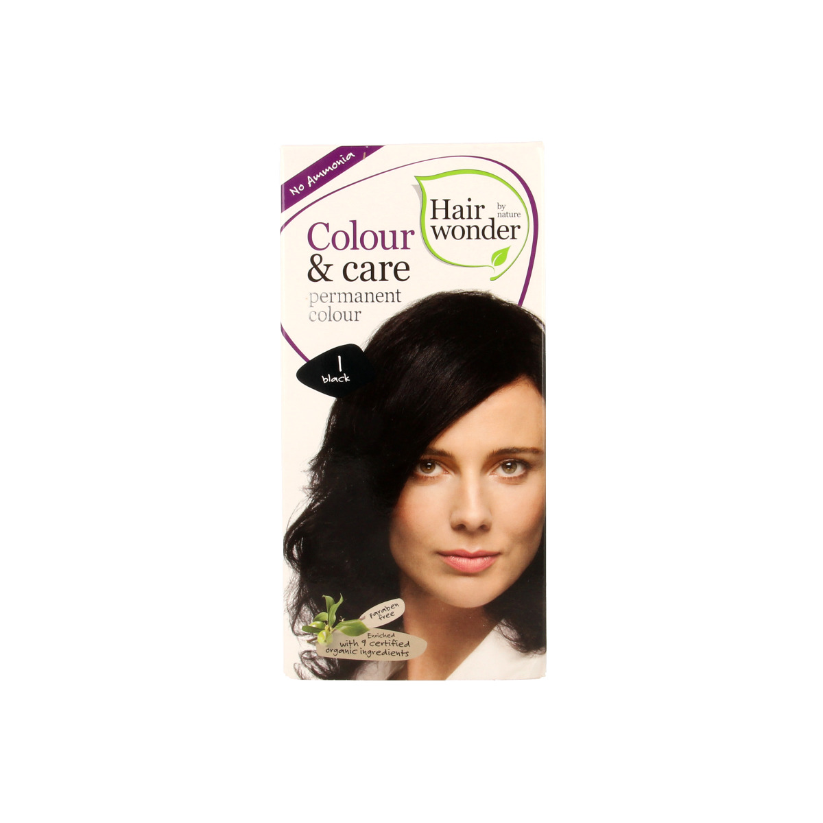 Hairwonder Colour & Care black hair dye in 100ml tube, showing the product packaging with black and white label