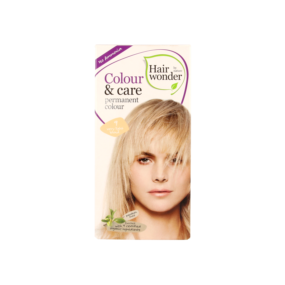 Hairwonder Colour & Care very light blond 9 hair coloring product in a 100ml bottle, designed for blonde hair coloring.