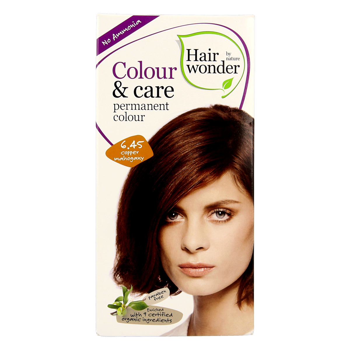 Hairwonder Colour & Care dark copper mahogany hair dye, 6.45 shade, showing the rich reddish-brown color in a 100ml bottle