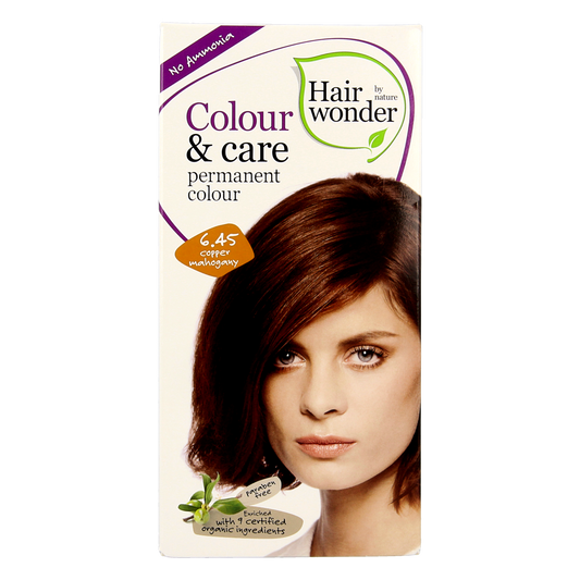 Hairwonder Colour & Care dark copper mahogany hair dye, 6.45 shade, showing the rich reddish-brown color in a 100ml bottle
