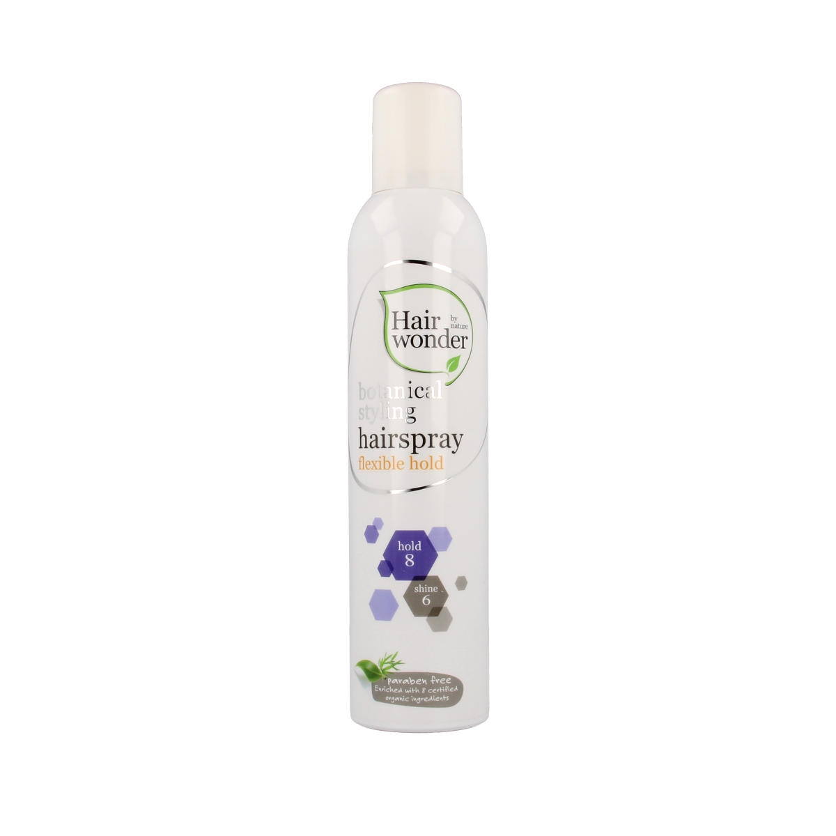 Hairwonder Botanical styling hairspray with flexible hold, 300ml, showcasing the spray nozzle and transparent bottle.