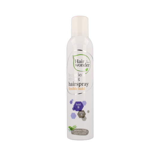 Hairwonder Botanical styling hairspray with flexible hold, 300ml, showcasing the spray nozzle and transparent bottle.