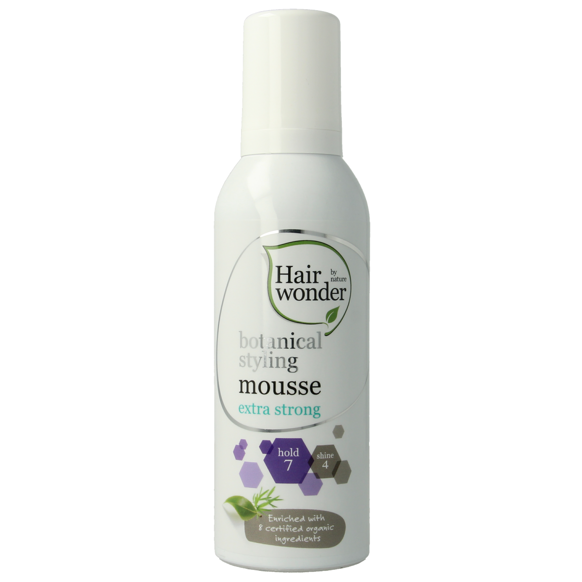 Hairwonder Botanical styling mousse extra strong in 200ml bottle, showcasing the hair styling product with a pump dispenser.