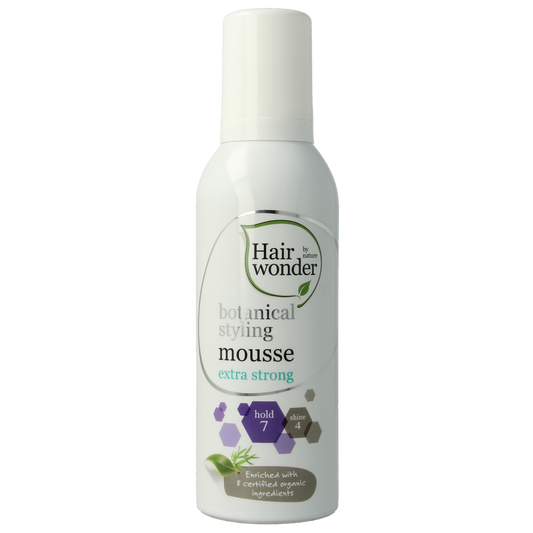 Hairwonder Botanical styling mousse extra strong in 200ml bottle, showcasing the hair styling product with a pump dispenser.