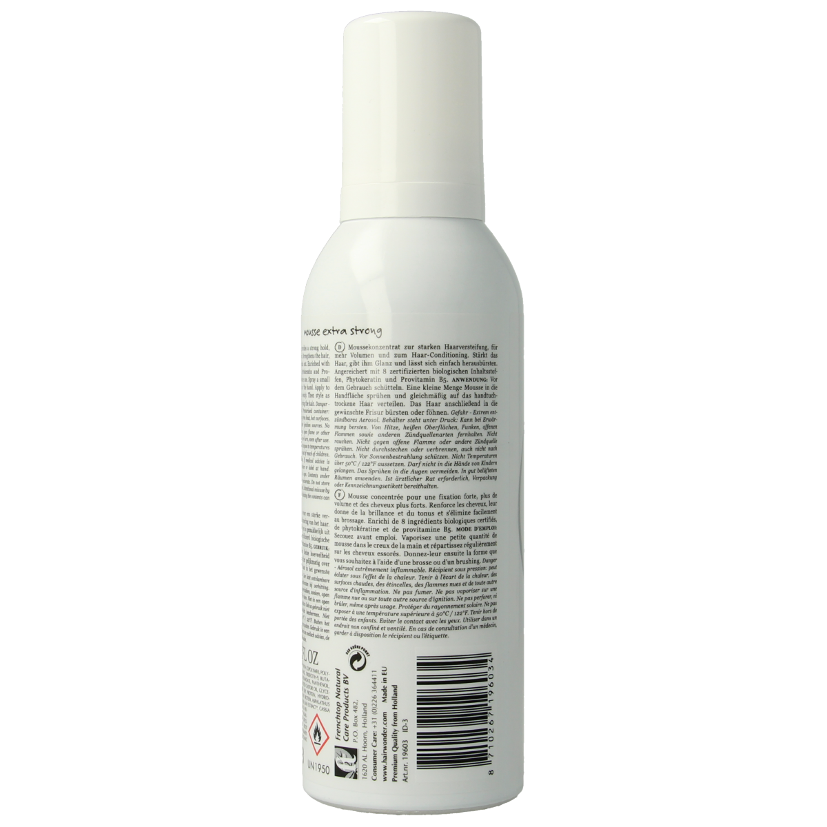 Hairwonder Botanical Styling Mousse Extra Strong 200ml, showcasing the foam texture in a clear container for volumizing hair styling.