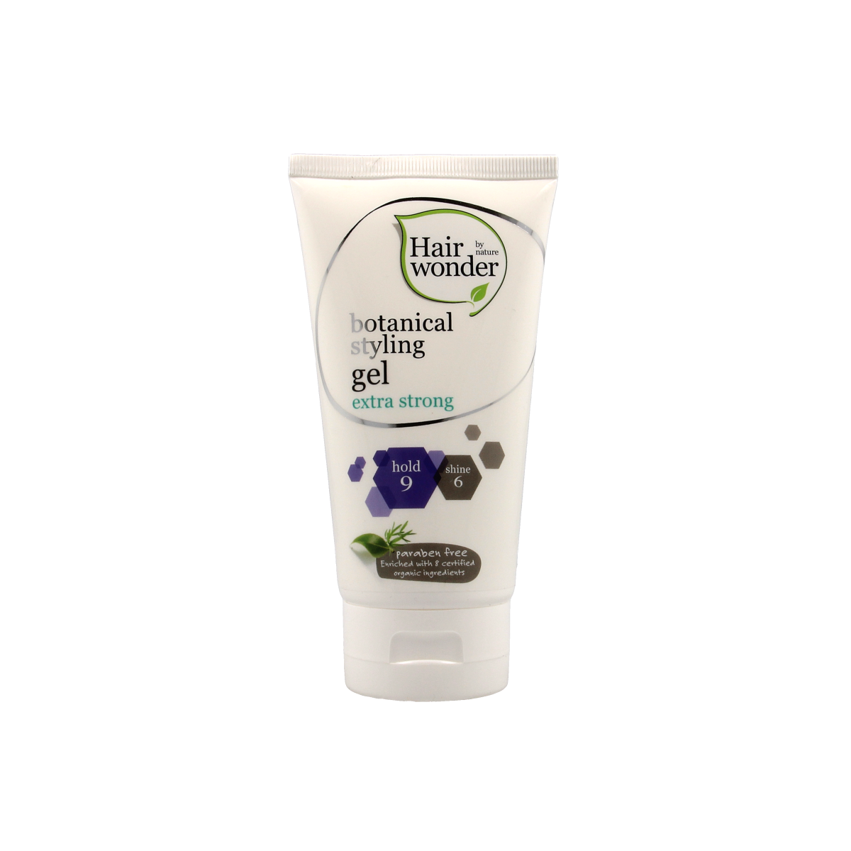 Hairwonder Botanical Styling Gel extra strong, 150ml, in a clear jar with green botanical label and black styling lid.