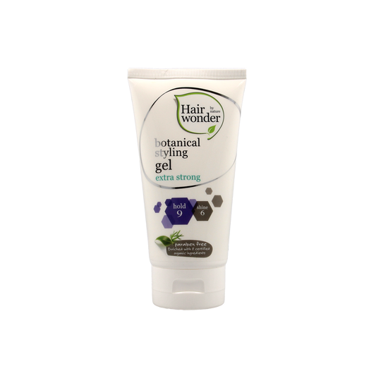 Hairwonder Botanical Styling Gel extra strong, 150ml, in a clear jar with green botanical label and black styling lid.