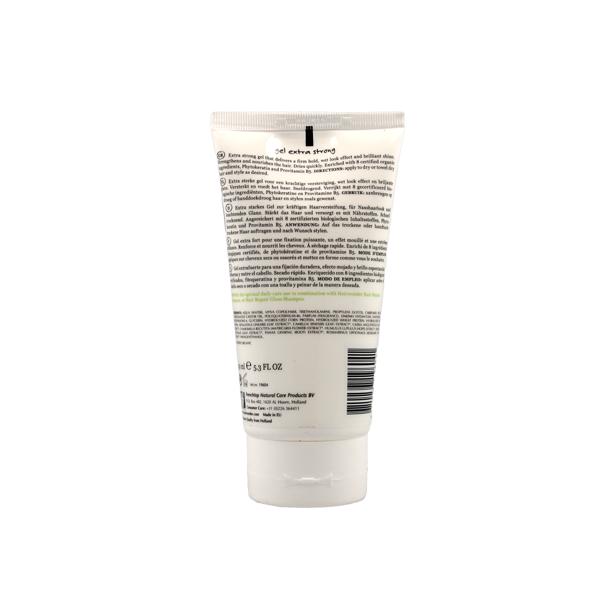 Hairwonder Botanical Styling Gel extra strong in 150ml container, shown with its packaging and gel texture.