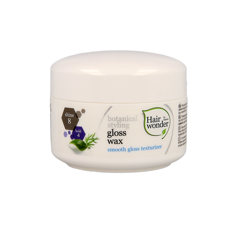 Hairwonder Botanical Styling Gloss Wax 100ml jar showing the black container with product label and a small amount of wax visible.