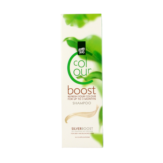Henna Plus Colour Boost Silver hair dye bottle, 200ml, for vibrant silver hair coloring.