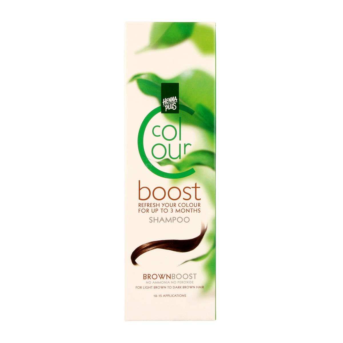 Henna Plus Colour Boost Brown hair dye in 200ml bottle, showing the product and packaging for natural hair coloring.