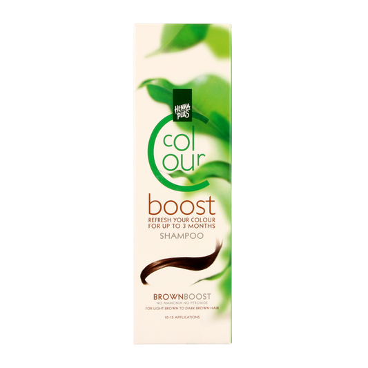 Henna Plus Colour Boost Brown hair dye in 200ml bottle, showing the product and packaging for natural hair coloring.
