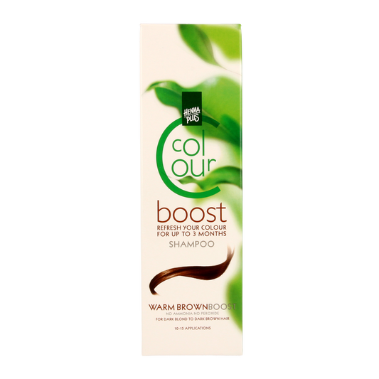 Henna Plus Colour Boost Warm Brown hair dye bottle, 200ml, for vibrant natural-looking hair coloring.