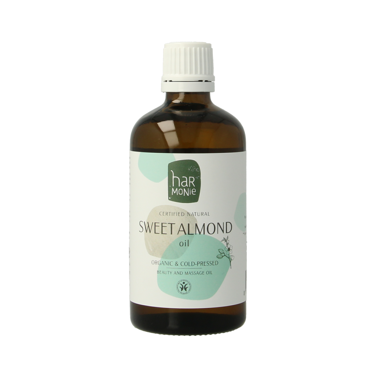 Harmonie Zoete Amandelolie in a 100ml bottle, natural body care product with a clear label and golden liquid inside.