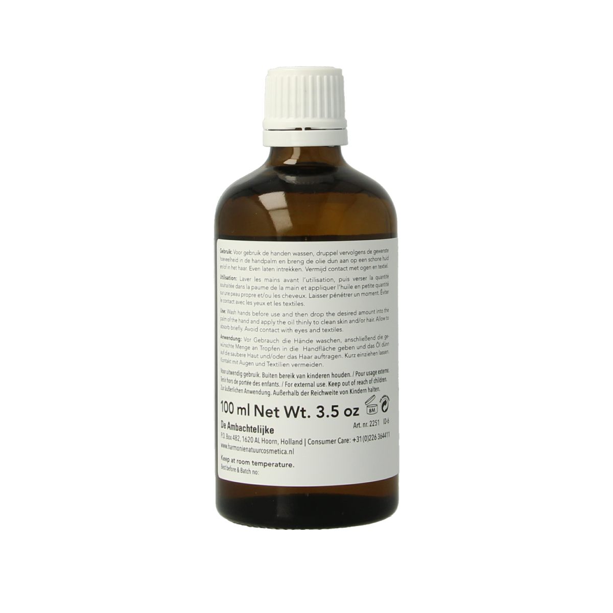 Harmonie Zoete Amandelolie 100ml in a clear bottle, used for body care, with a golden-colored almond oil inside.
