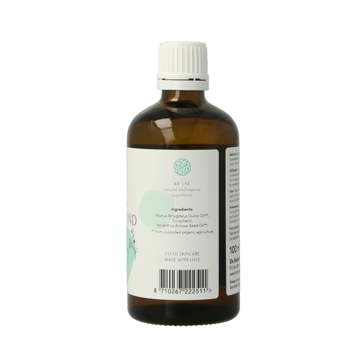 Harmonie Zoete Amandelolie 100ml bottle, natural body care product, smooth almond oil in a clear plastic container