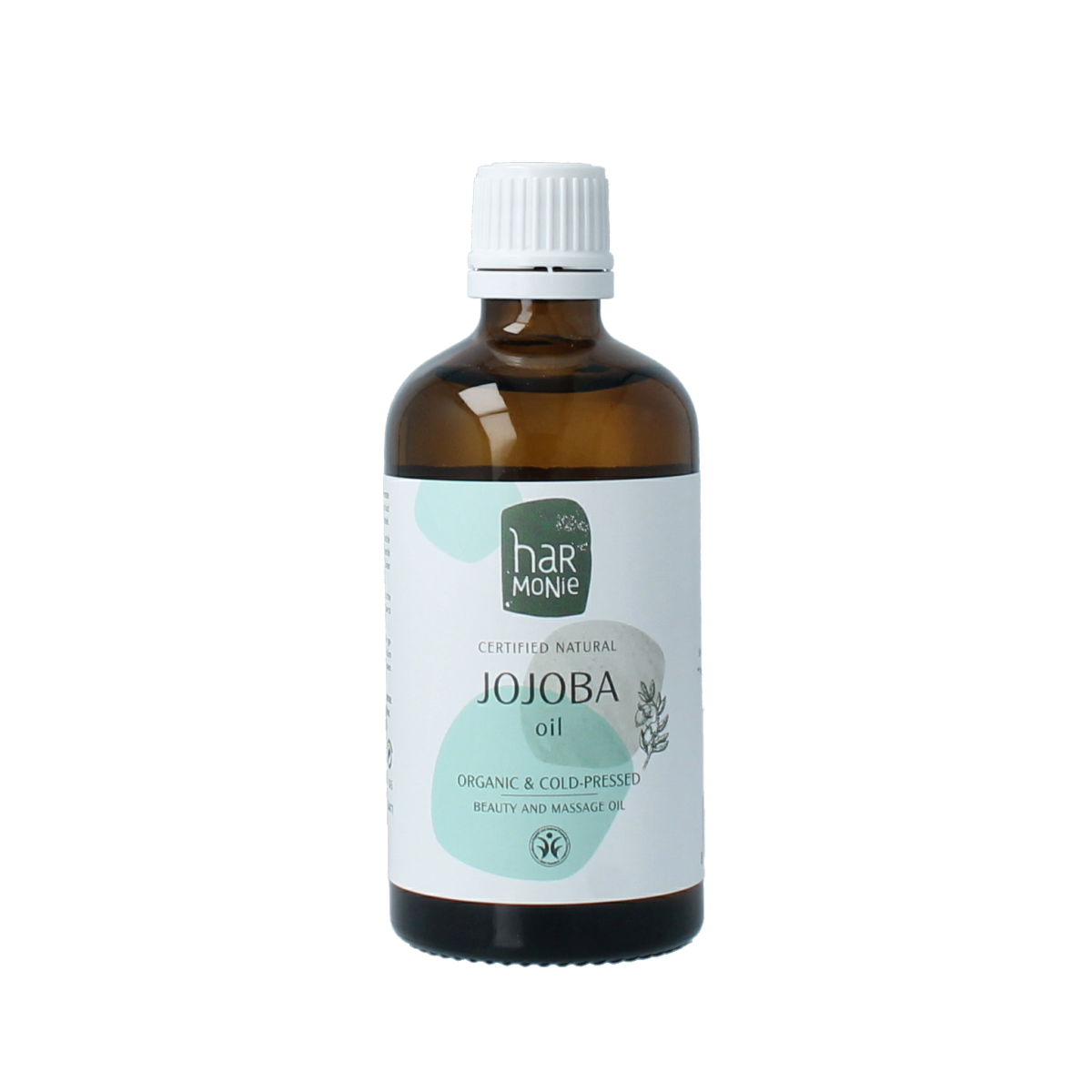 Harmonie Jojoba olie in 100ml bottle, natural body care product with golden liquid in a clear bottle, suitable for skin moisturizing.