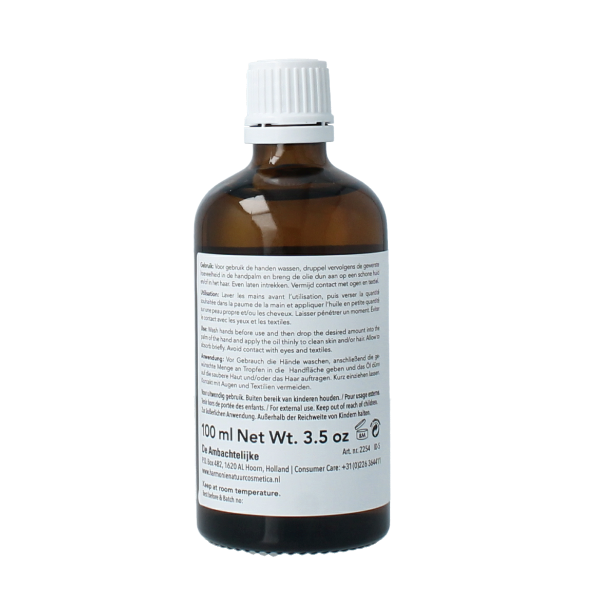 Harmonie Jojoba oil 100ml bottle for body care, featuring a clear container with a golden liquid inside.