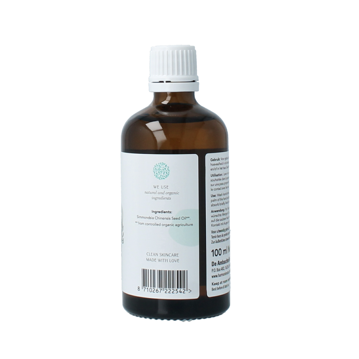 Harmonie Jojoba oil 100ml bottle for body care, featuring a clear glass container with a screw cap and natural jojoba liquid inside.
